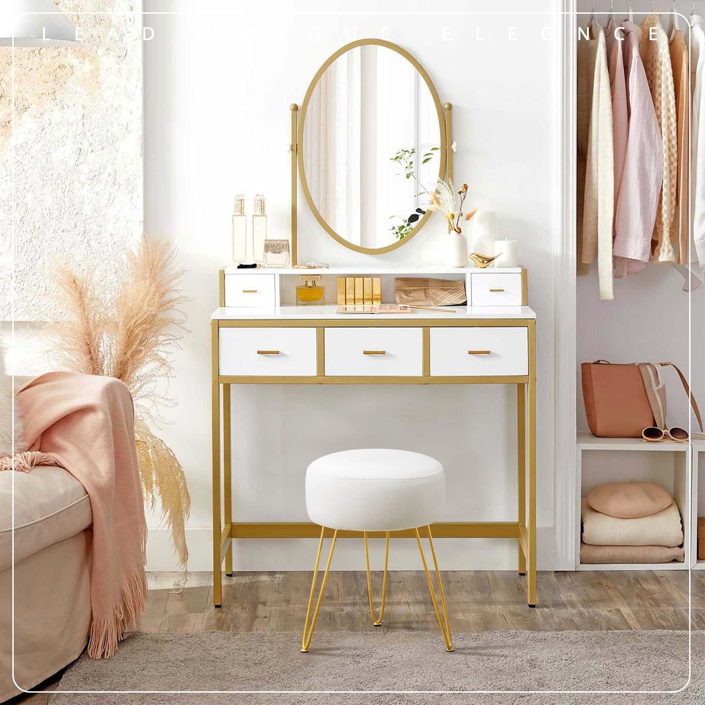 LUE BONA Velvet Round Stool Dressing Table Stool, Makeup Vanity Stool, Ottoman Padded Stool Metal Legs Support, White