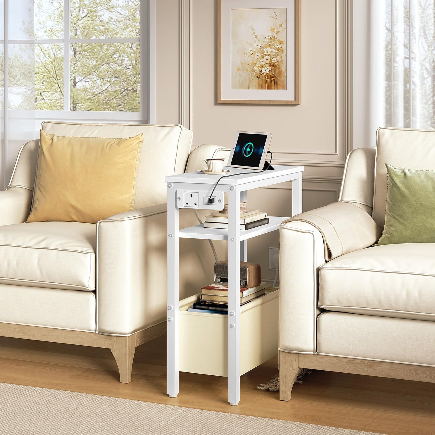 HOOBRO Narrow Side Table, Slim Bedside Table with Charging Station for Small Space, USB Ports and Power Outlet, 40 x 20 x 60 cm, for Living Room
