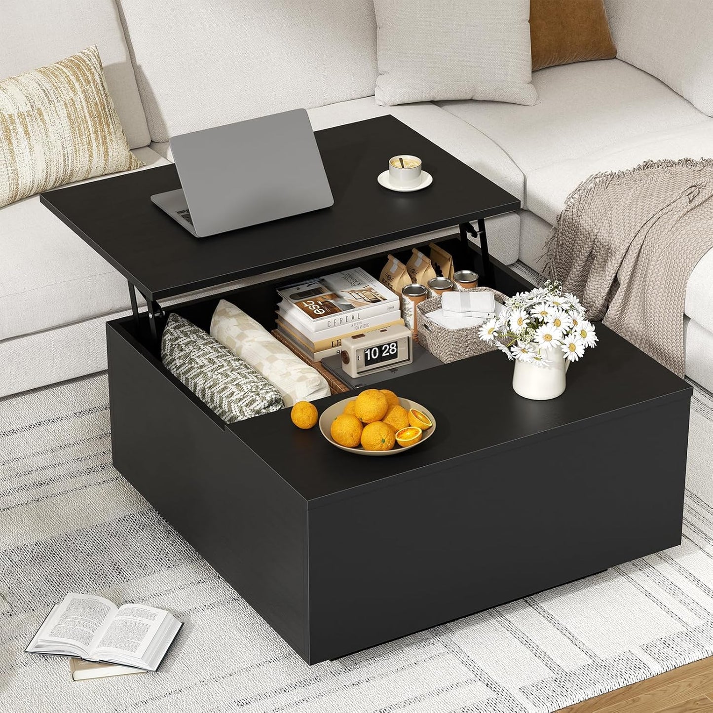 Mossora Black Lift Top Coffee Table with Hidden Storage, 80 * 80 * 40cm