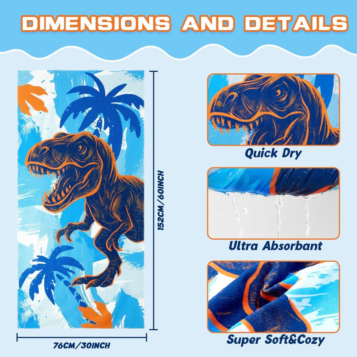 WERNNSAI Dinosaur Microfibre Beach Towel for Kids, 76 x 150cm Bath Towel