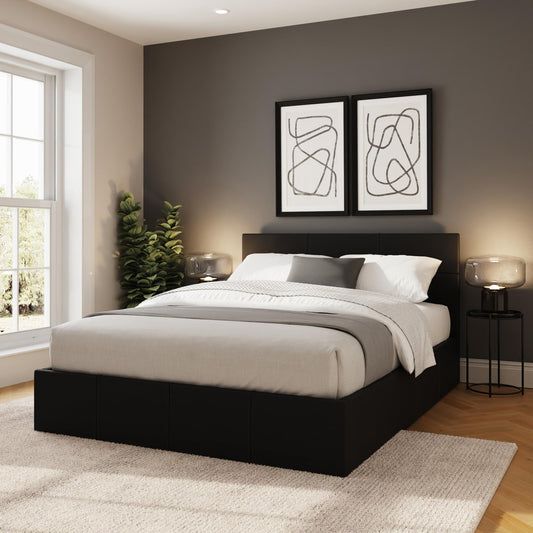 GFW Classic Leather Upholstered Ottoman Storage Bed With Gas Side Lift & Under Bed Storage, Small Double, Black