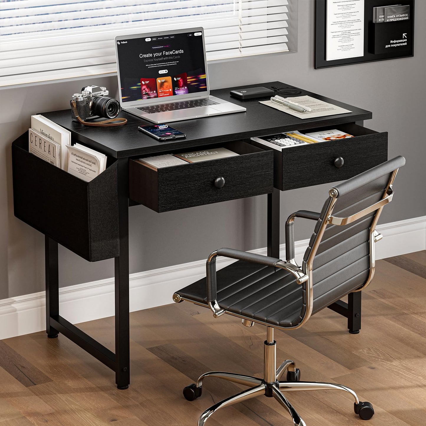 Grandder Small Computer Desk with 3 Fabric Drawers, 100 x 40 cm Home Office Desk with Storage Bags and Drawers