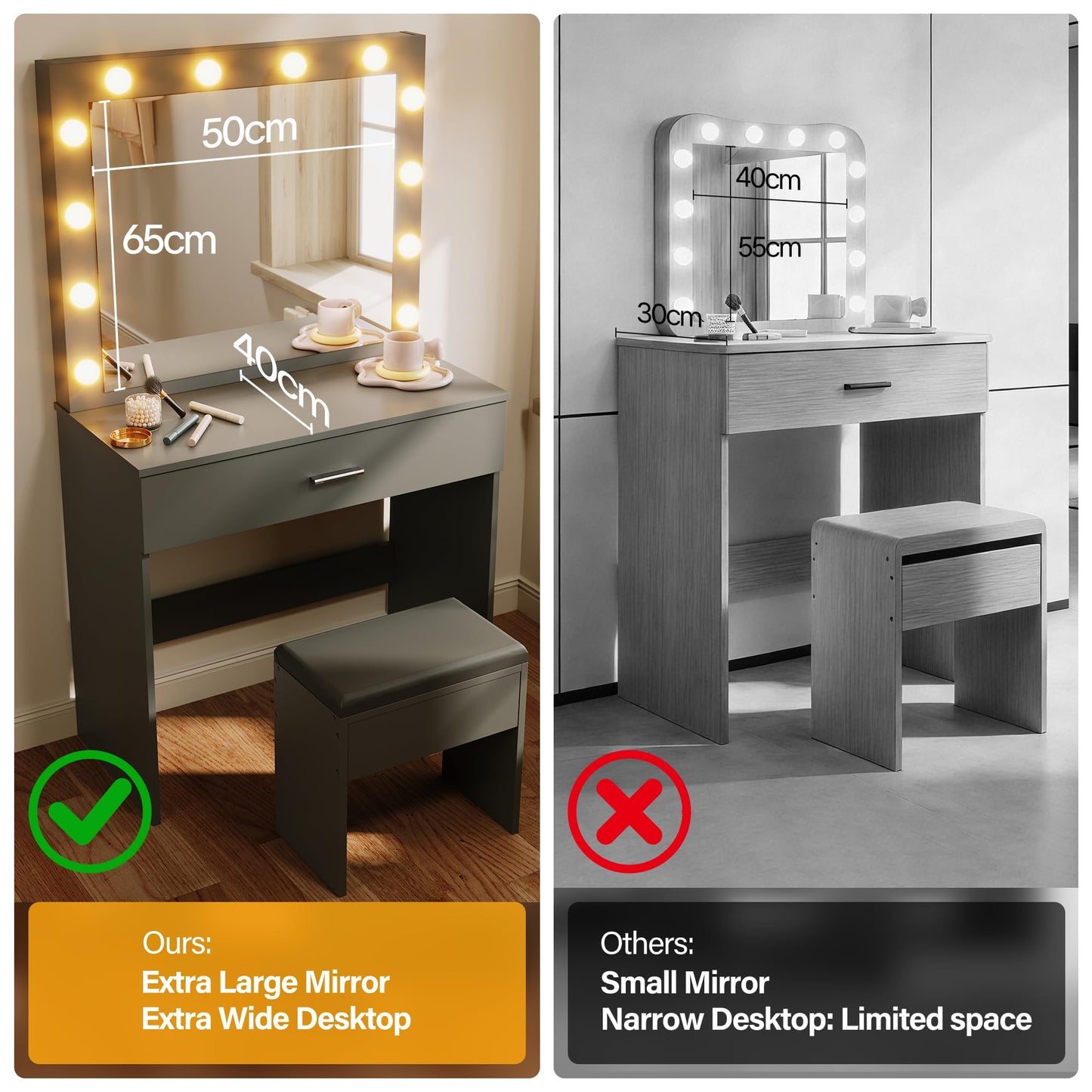 ELEGANT Black Dressing Table Set with Hollywood LED Mirror, 40x80x140cm
