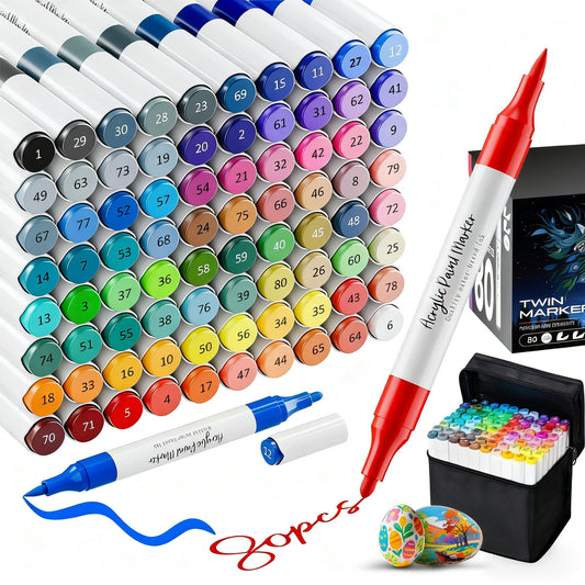 Kitire Acrylic Paint Pens, 80 Colors Dual Tip Acrylic Markers Paint Pens, Waterproof, Strong Coverage for Paint Rocks, Glass, Wood, Fabric, Paper,