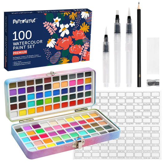 POTTREATIVE Watercolor Paint Set 100 Colors with Portable Case Non-Toxic Home and Traveling Watercolor Set Includes Drawing Pencil,Brush Pen for