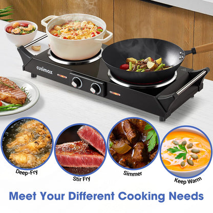 CUSIMAX Electric Hob, Hot Plates for cooking Portable Double Hob with Handles Infrared Cooktop & Dual Temperature Control, 2 Hob Rings (900W & 1200W)