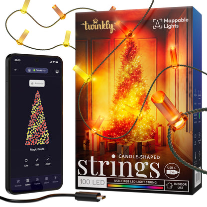 Twinkly Strings USB-C Candle 100 LED, Candle Shape LED Light String, Christmas Lights, RGB Multicolor LED Lights, Mappable LEDs, Compatible with