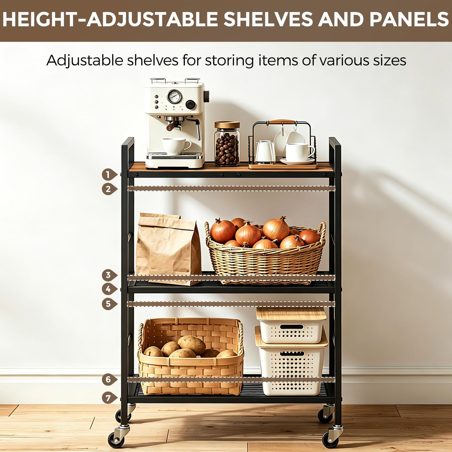 3-Tier kitchen trolley,Brown Wood Top,60W×30Dcm,4 Hooks, Adjustable Shelves