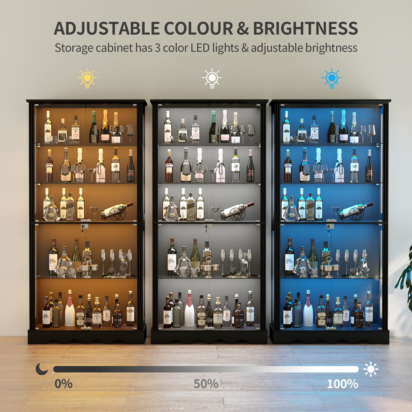180cm Glass Display Cabinets with 3 Color Lights for Collectibles Bookcases