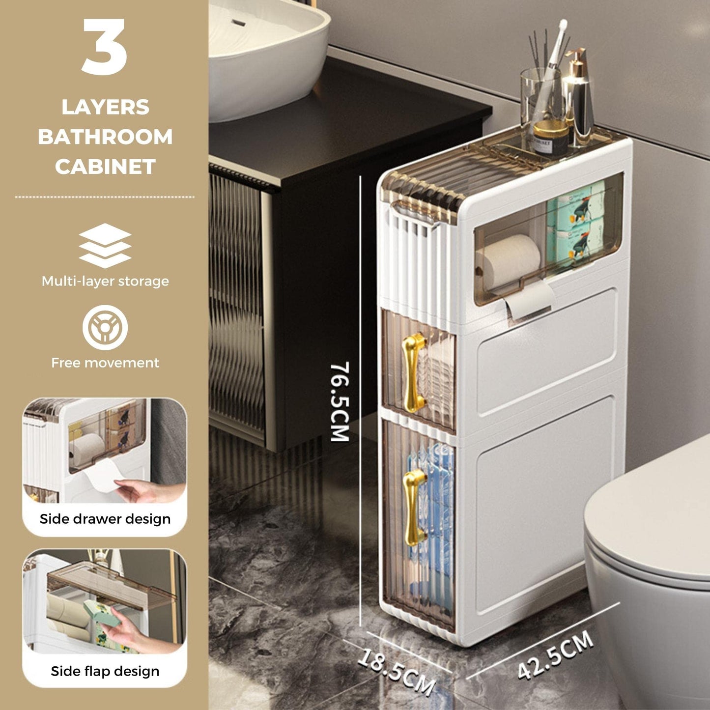 MAGIC SELECT Narrow Bathroom Organizer. Auxiliary Storage Cabinet with Wheels for Narrow Places. Side Cabinet with 3 Compact Drawers for Toilet Paper