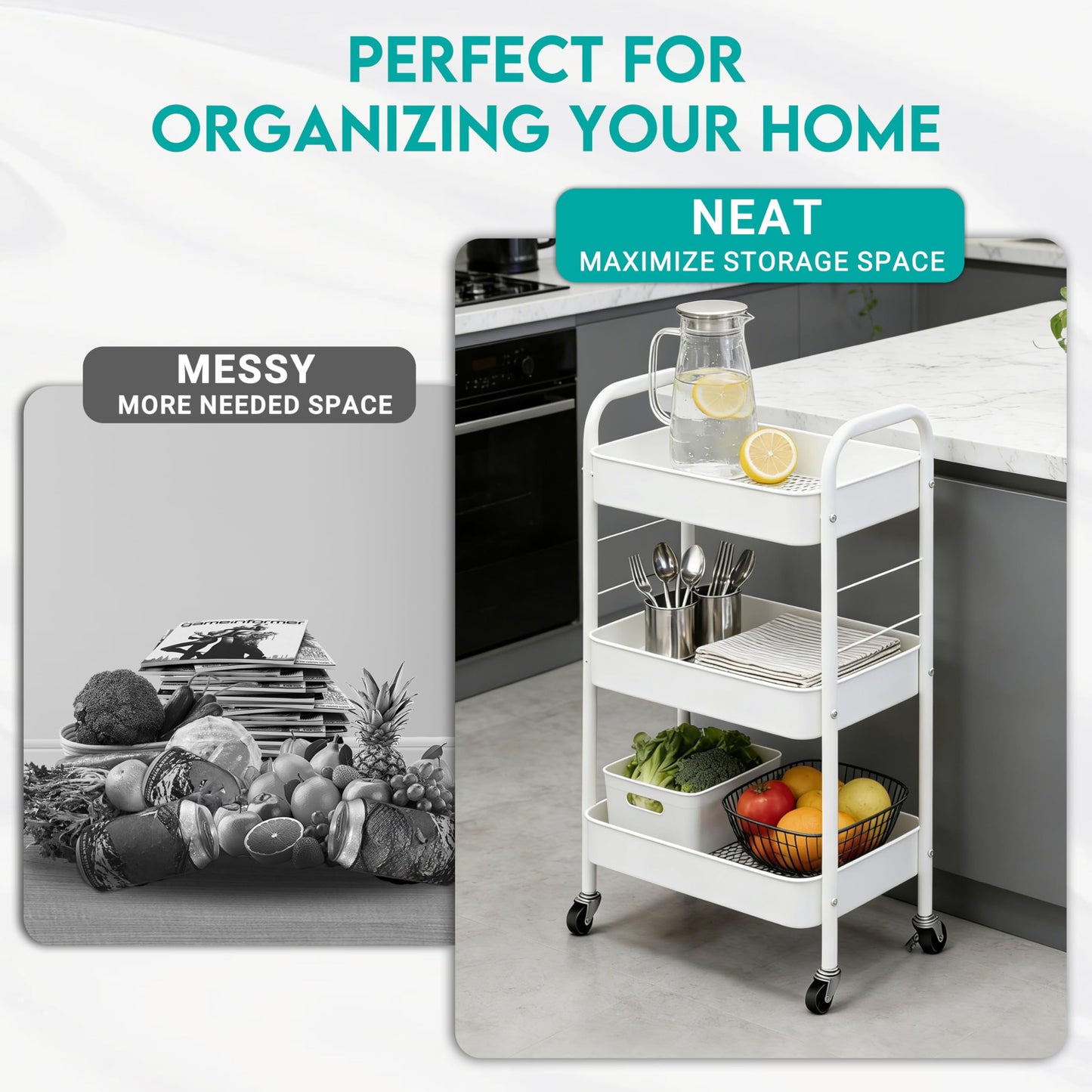 ZOESTORAGE 3 Tier Trolley Cart,Metal Storage Trolley on Wheels for Kitchen,Laundry,Bedroom and Storage Cart for Book,Veg,Snack,White