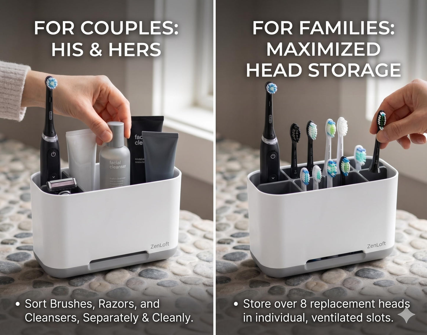 ZenLoft Electric Toothbrush Holder - 5 Compartment Bathroom Organiser for Countertop, Detachable Hygienic Caddy with Drainage