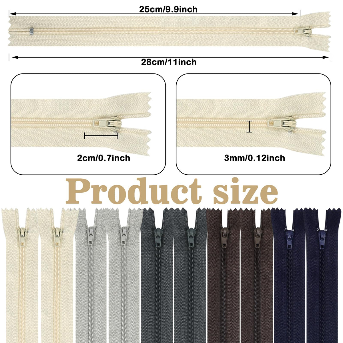 DOITEM Zip Nylon Zips, 25 cm Long, 2.5 cm Wide for Clothing, Bag, Pencil Case, Cushion Cover, Pack of 10, 5 Colours 5 Colors, 20cm