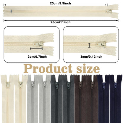 DOITEM Zip Nylon Zips, 25 cm Long, 2.5 cm Wide for Clothing, Bag, Pencil Case, Cushion Cover, Pack of 10, 5 Colours 5 Colors, 20cm