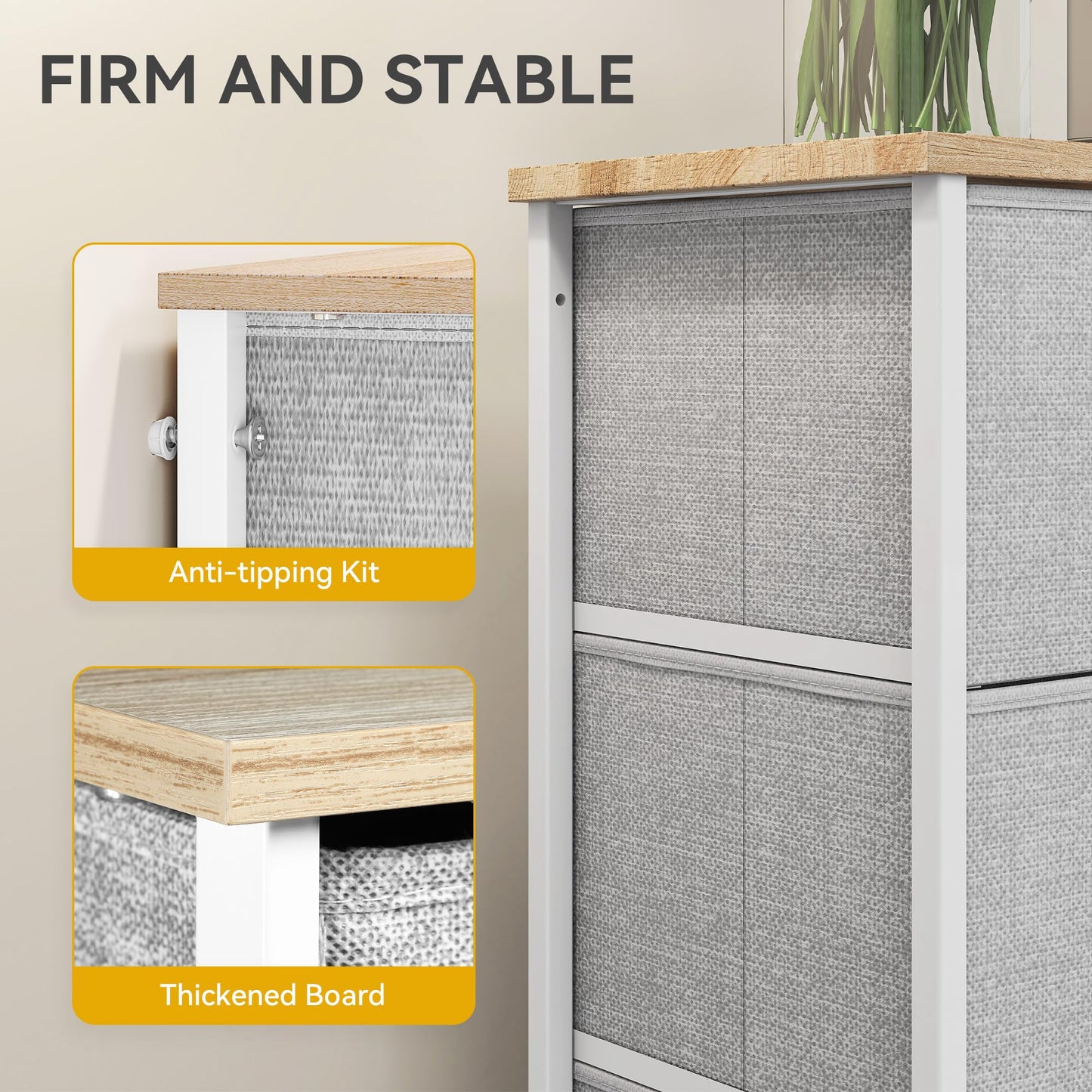 DWVO Chest of Drawers, 5 Fabric Drawers Bedroom Cabinet,Dresser for Bedroom,Living Room With Handles,Wood Top and Sturdy Steel Frame, Light Grey