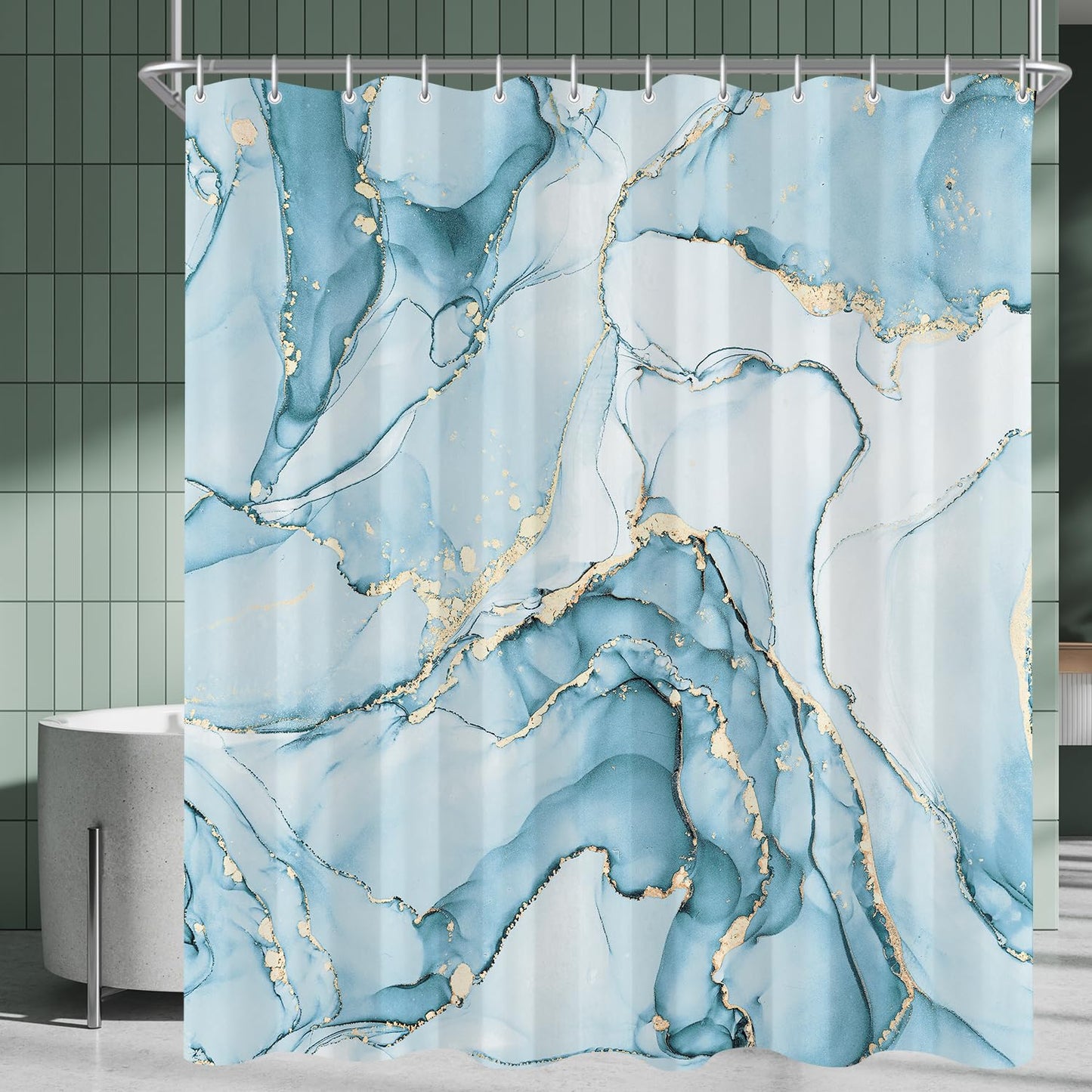 Lerores Shower Curtain, 120 x 200 cm, Light Blue Marble, Weighted Hem, Anti-Mould, Water-Repellent