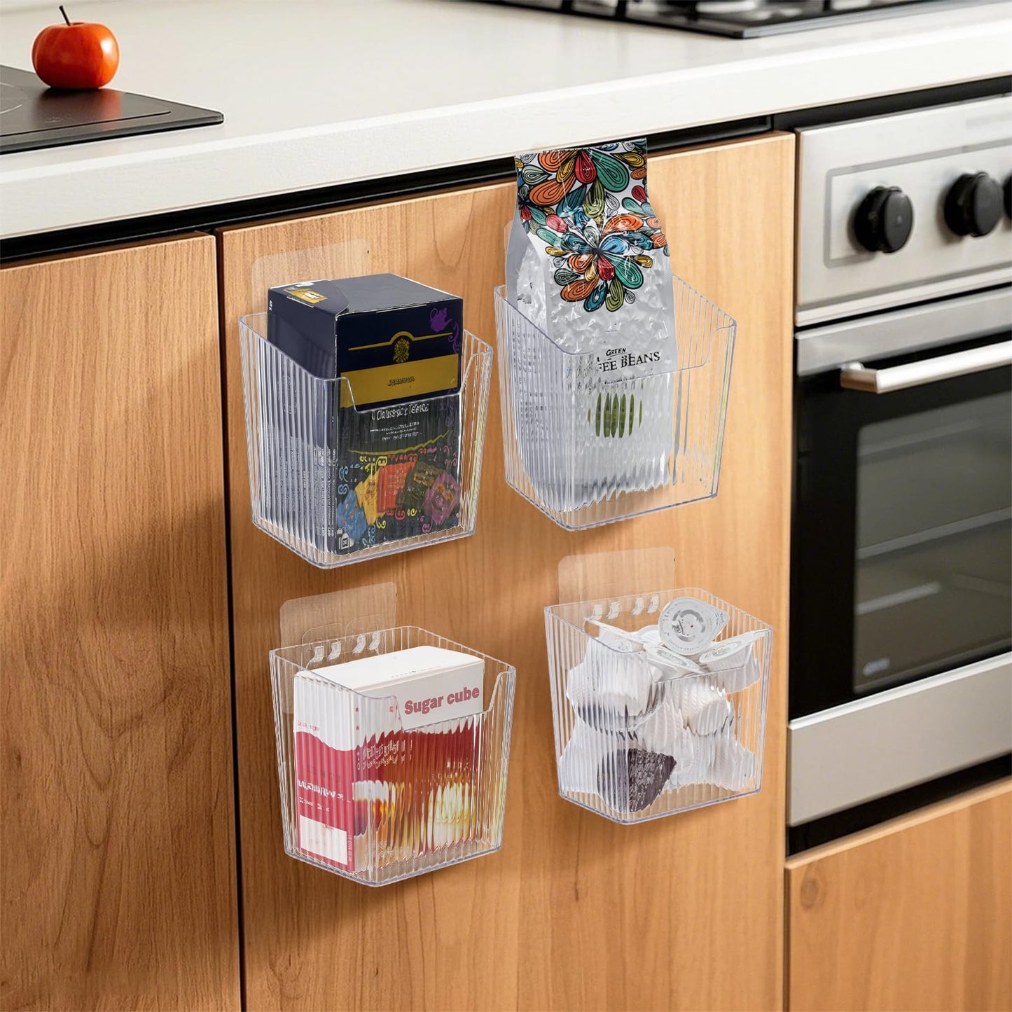 WRINGKIT 6 Pack Kitchen Cabinet Door Storage Box, Self-Adhesive Wall Mounted Cupboard Organiser, Stackable Storage Organizer Holder Basket for Walls