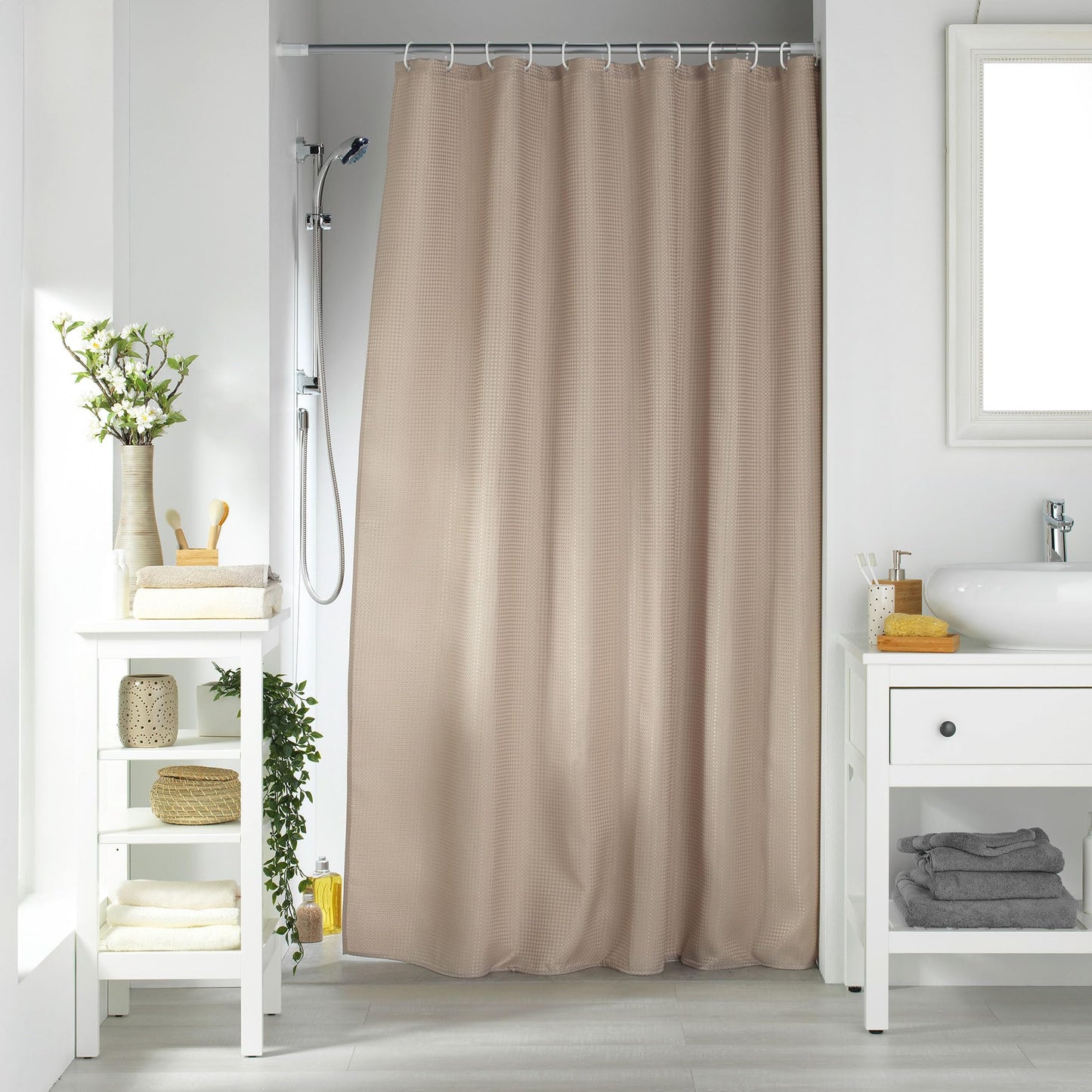 Douceur d'Intérieur Quartz Shower Curtain with Hooks 100% Polyester Taupe 180cm x 200cm