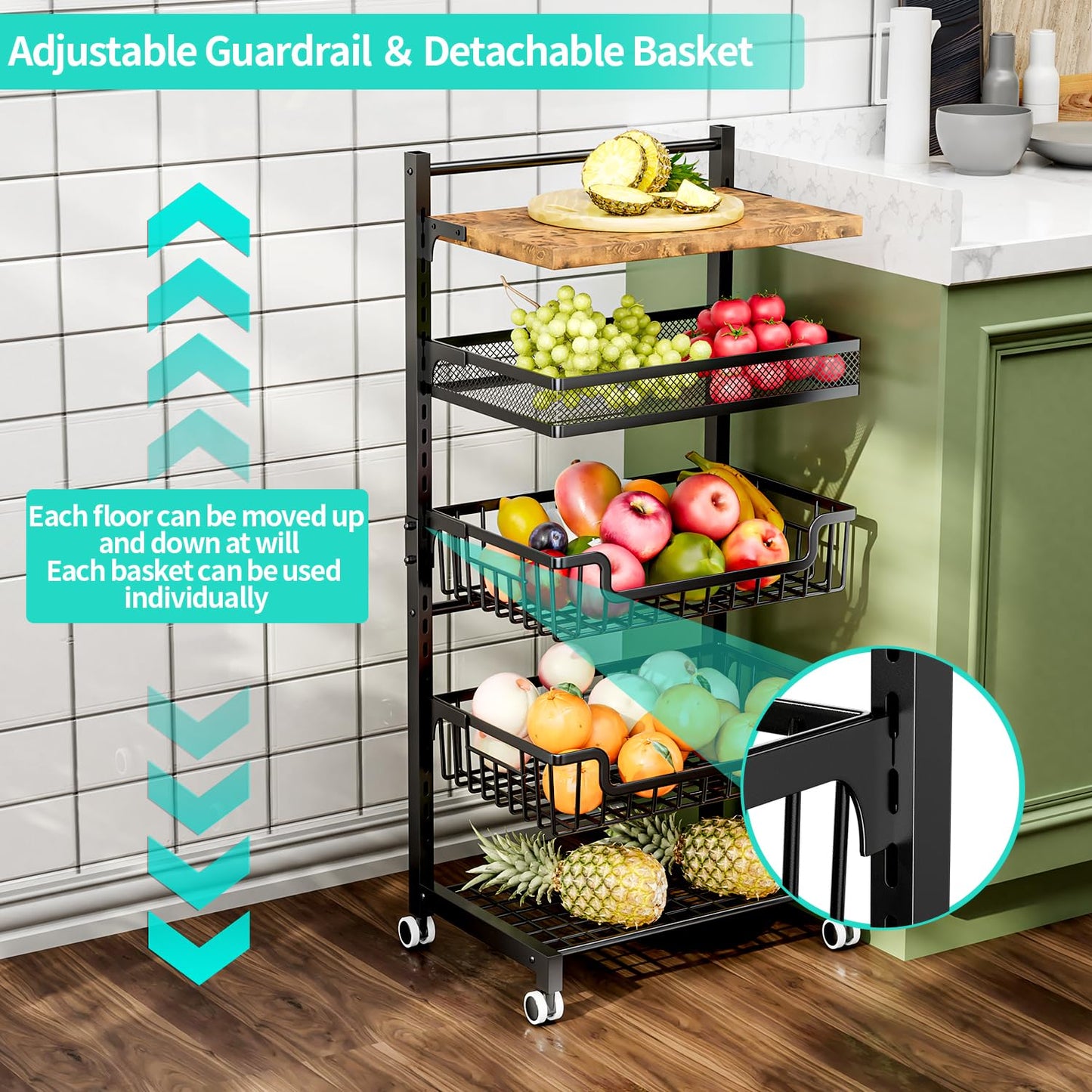HapiRm Fruit Basket Kitchen Cart - 5 Tier Adjustable Vegetable Storage Rack