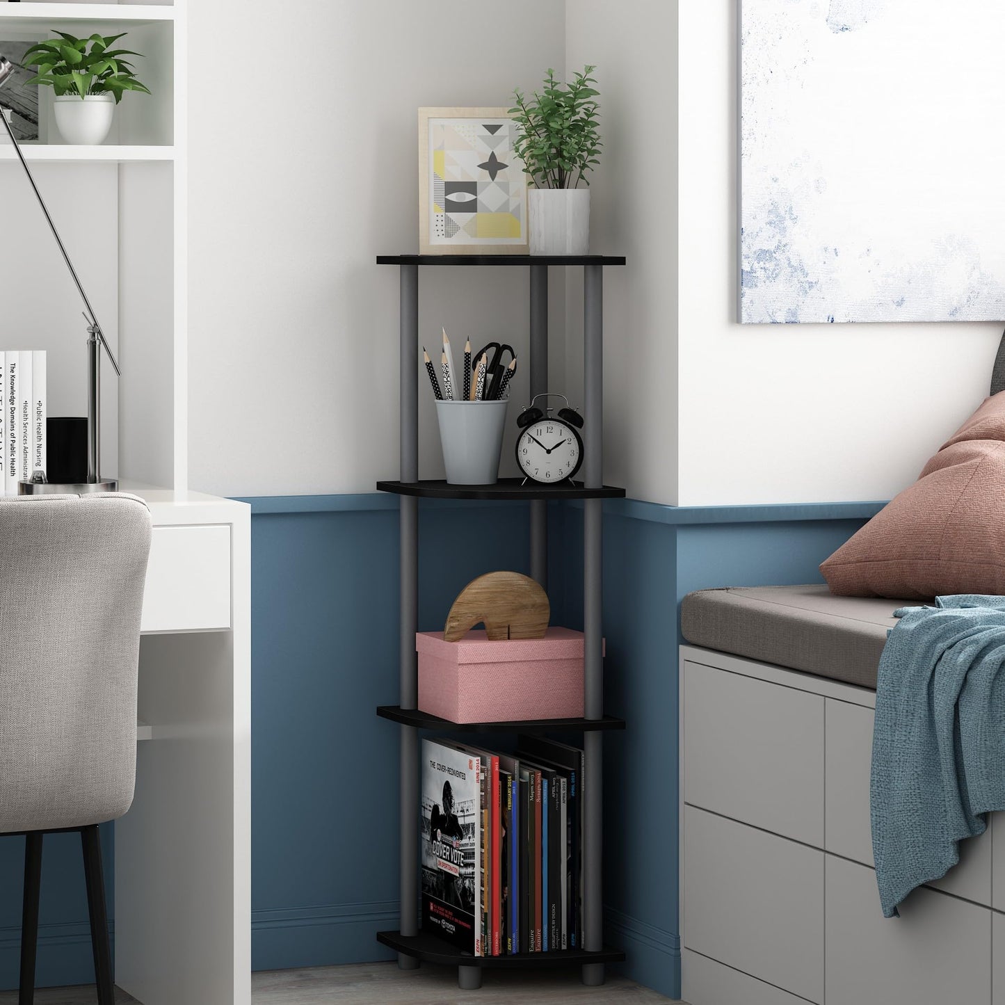 Furinno TURN-N-TUBE Corner Shelf, 4-Tier Corner Bookshelf, Display Storage Shelves with Open Shelves, for Organization and Storage, Living Room
