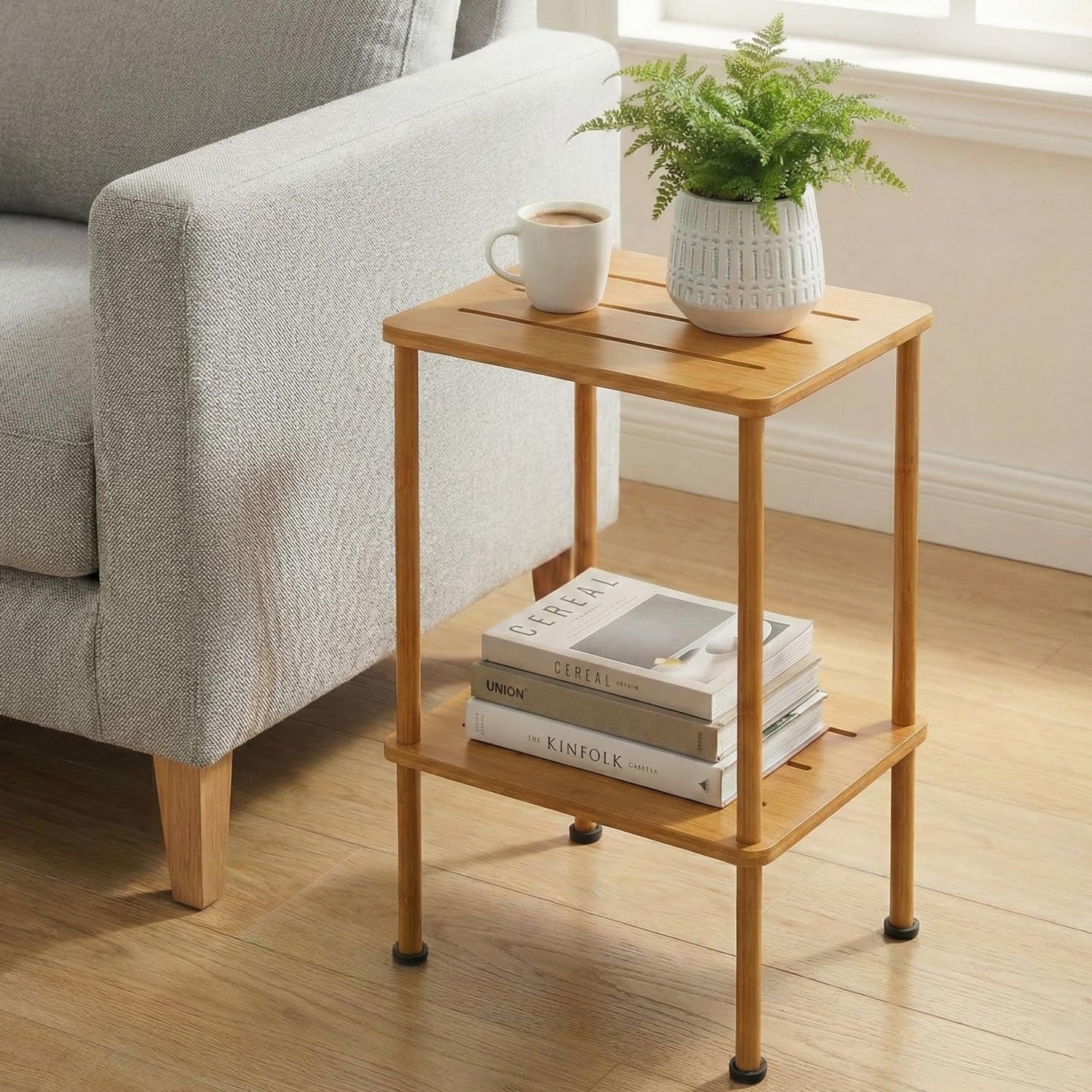 ZEXVIDA 2-Tier Bamboo Side Table, Slim End Table & Nightstand for Bedroom, Living Room, Sofa Side Table Coffee Table for Narrow Small Spaces