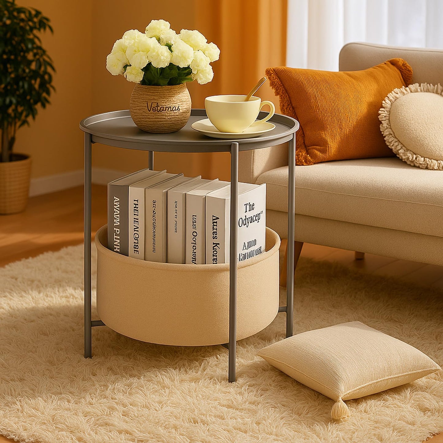 Rinkgarden Round Side Table with Fabric Basket, Modern and Sturdy, Metal End Table for Living Room, Bedroom, Bedside Table, Nursery