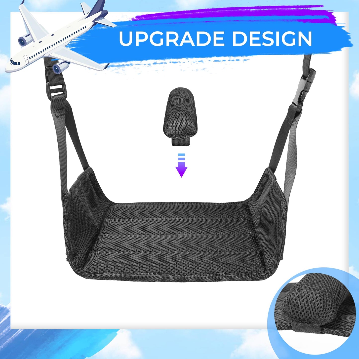 Portable Foot Hammock for Airplane, Foldable Hanging Foot Rest with Interval Sponge, Desk Leg Hammock with Thick Support Plates for Travel, Work