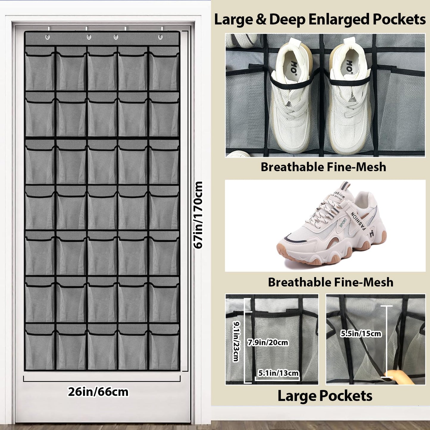 VERONLY 35 Large Pockets Over the Door Shoe Organizer, Extra Sturdy Oxford Fabric Hanging Shoe Rack for Door Closet
