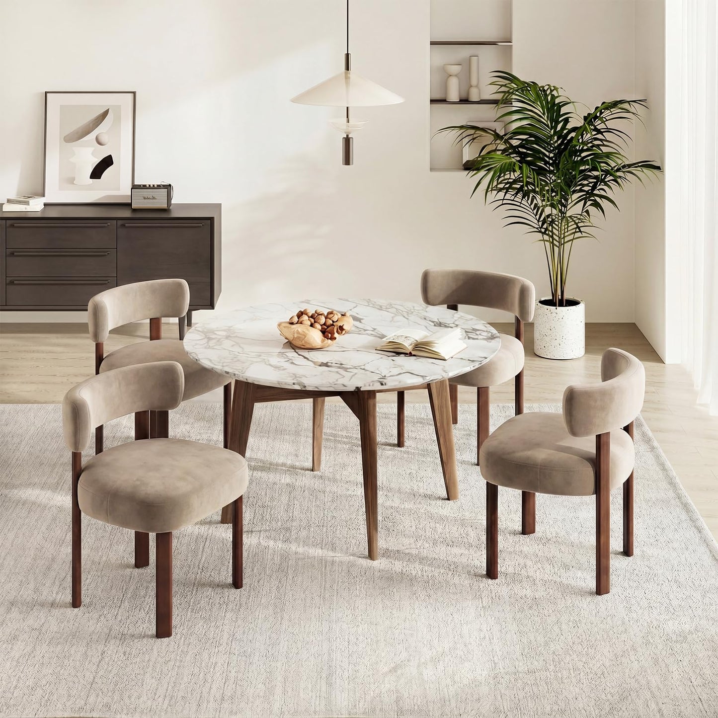 COLAMY Wooden Dining Chairs Set of 4, Velvet Fabric Chairs for Dining Room with Open Curved Backrest and Thick Seat Cushion