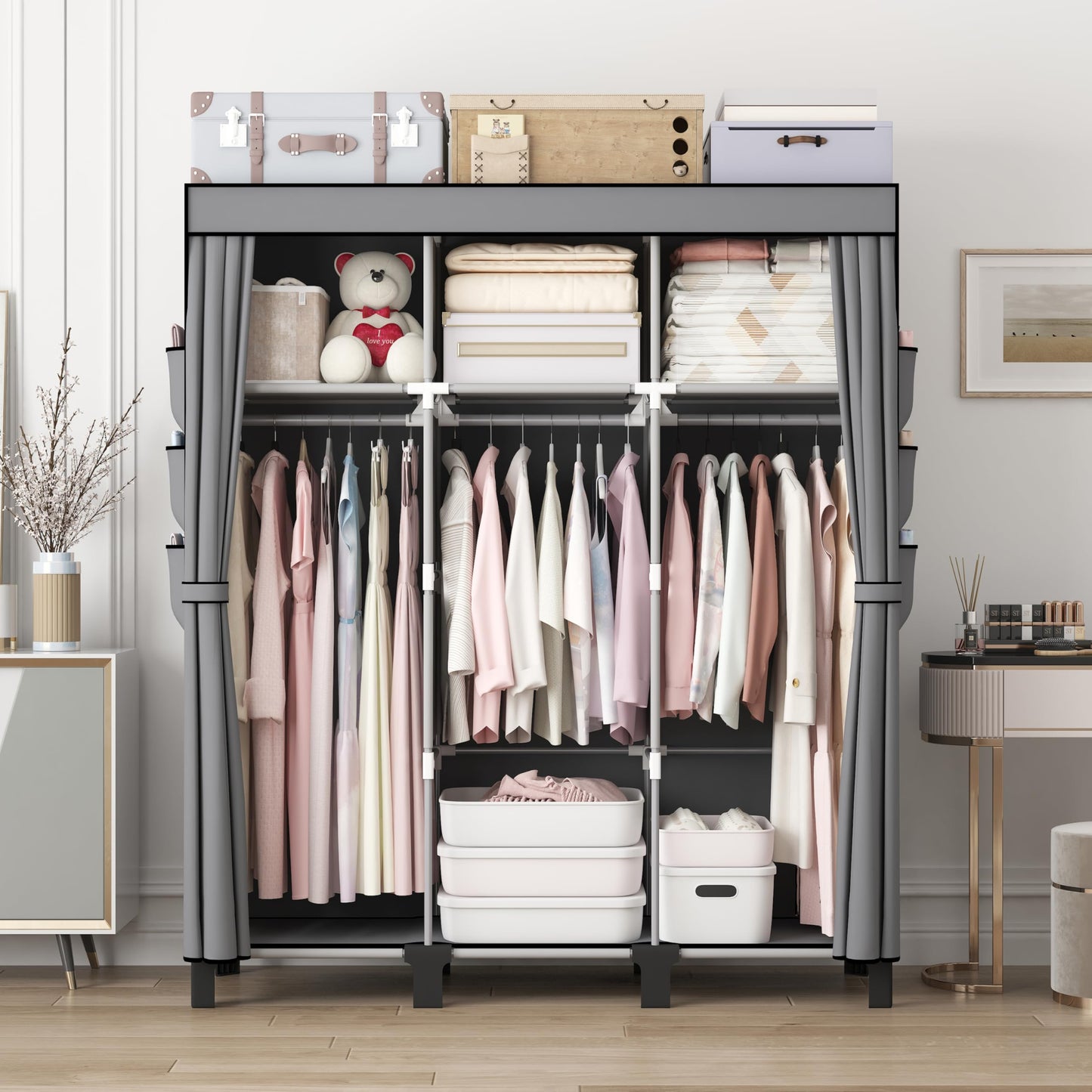 dongliangqinying Portable Fabric Wardrobe, 130x45x170cm Foldable Closet with 3 Hanging Areas and 18 Side Pockets