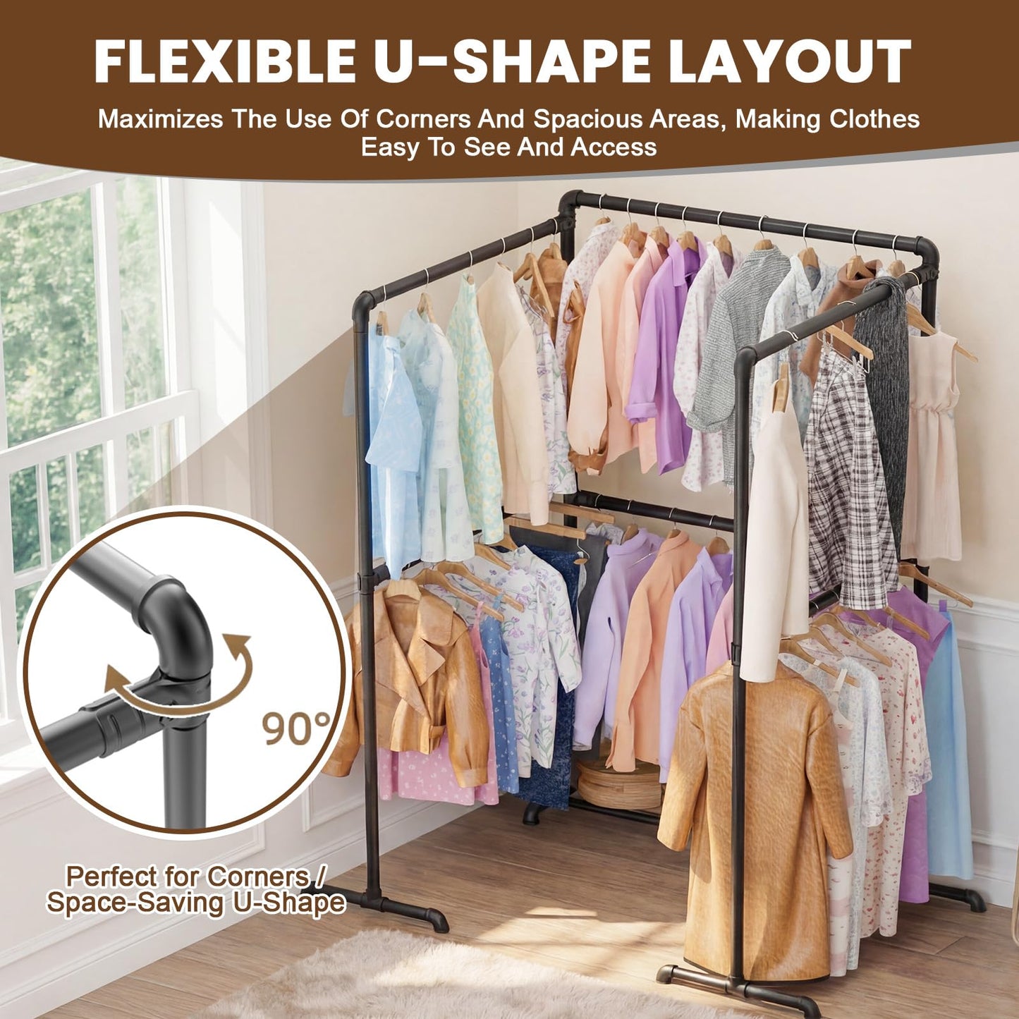 OPPAIYA Heavy Duty Clothes Rail, Up to 294cm Extra Large Clothes Rail for Bedroom, 6 Rails Flexible L/U-Shaped Open Wardrobe