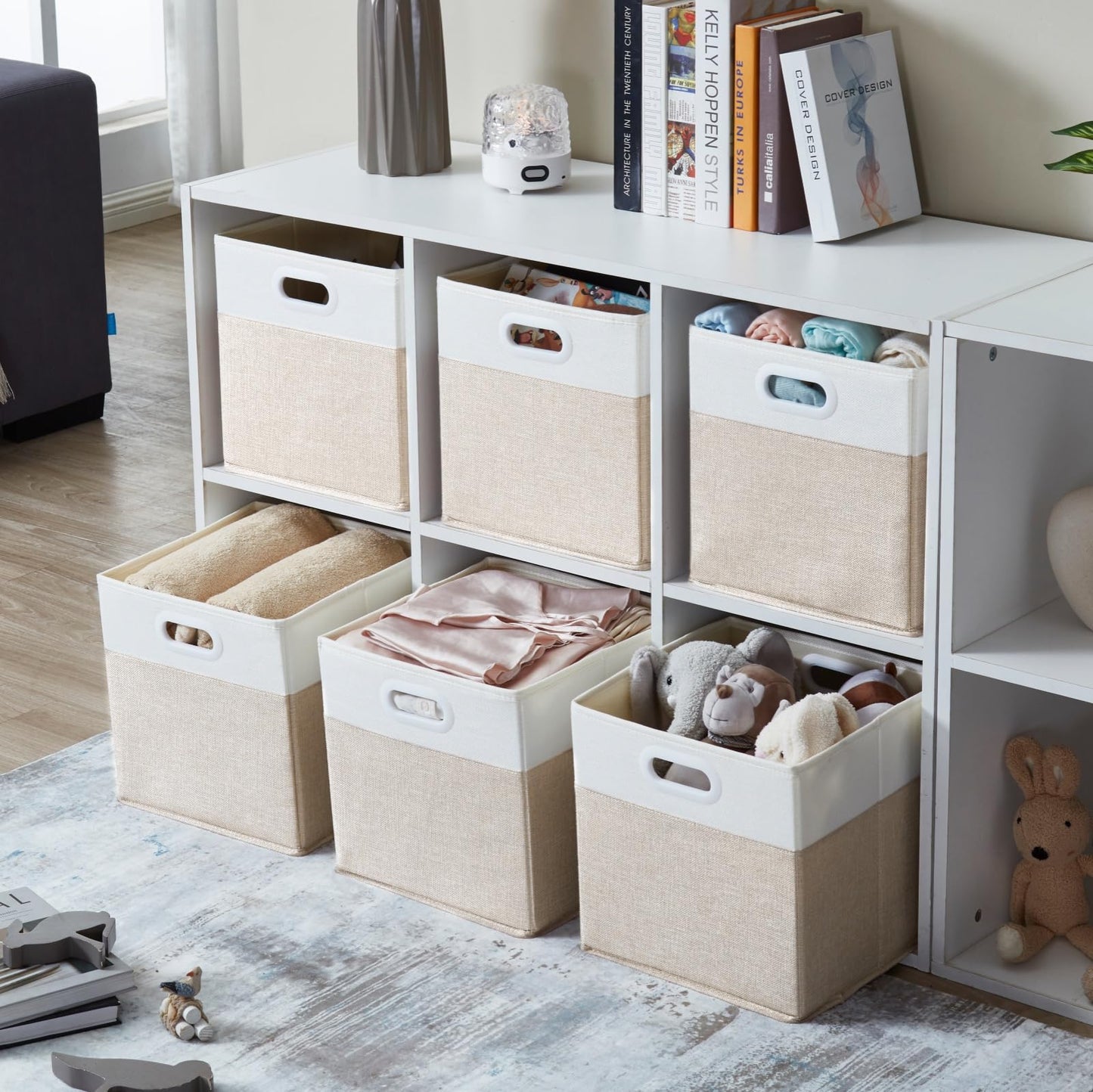 SOCOHOME Fabric Cube Storage Boxes,33x38x33cm Foldable Storage Baskets for Shelf Nursery Closet(Light beige/White, Set of 4)