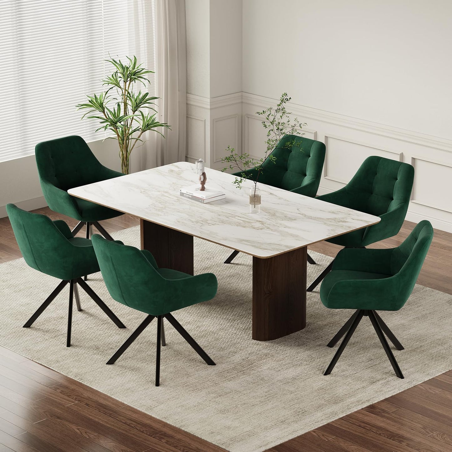 COLAMY 360° Swivel Dining Chairs Set of 6 with Sturdy Metal Base – Luxury Velvet Upholstered Kitchen Chairs with Thick Padded Seat