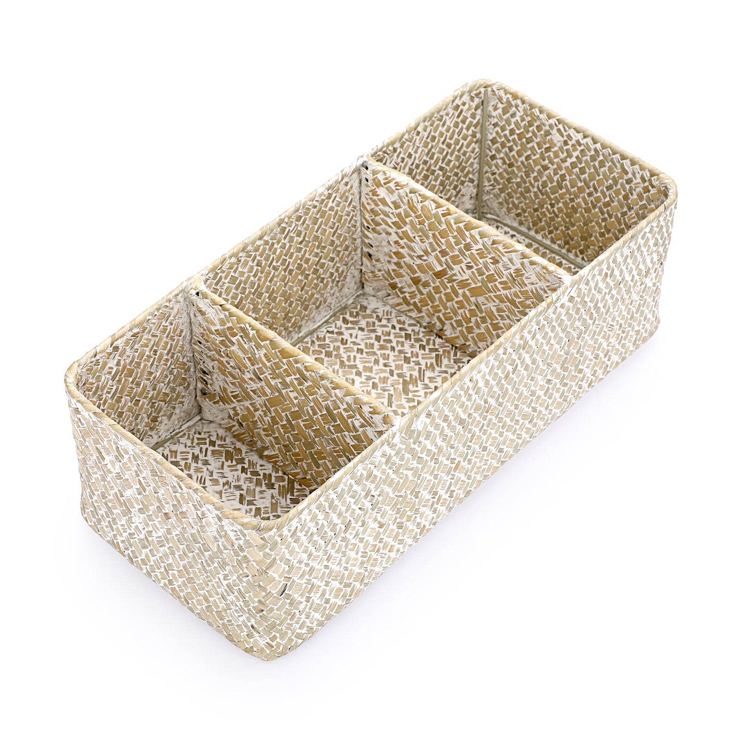 IGNPION 3-compartment Seagrass Storage Basket Woven Seagrass Desktop Baskets Rectangular Organiser Box Shelves & Desks Decorative Basket for Sundries
