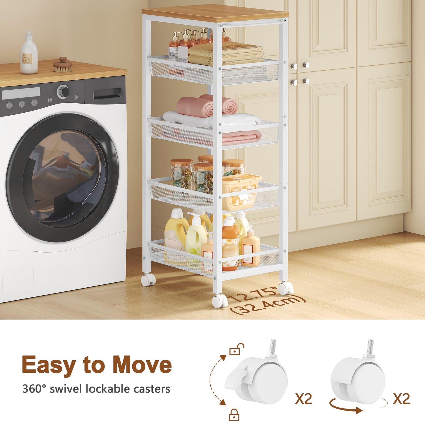 Hoctieon Slim Rolling Storage Cart, 5-Tier Narrow Kitchen Storage Cart with Handle & Wheels, Mobile Shelving Unit, Wooden Top & Metal Frame