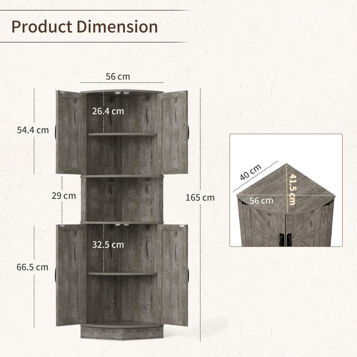 BonVache 165cm Tall Corner Storage Cabinet with Barn Doors, 5-Tier Farmhouse Corner Cabinet for Living Room, 4 Wooden Doors and 5 Shelves