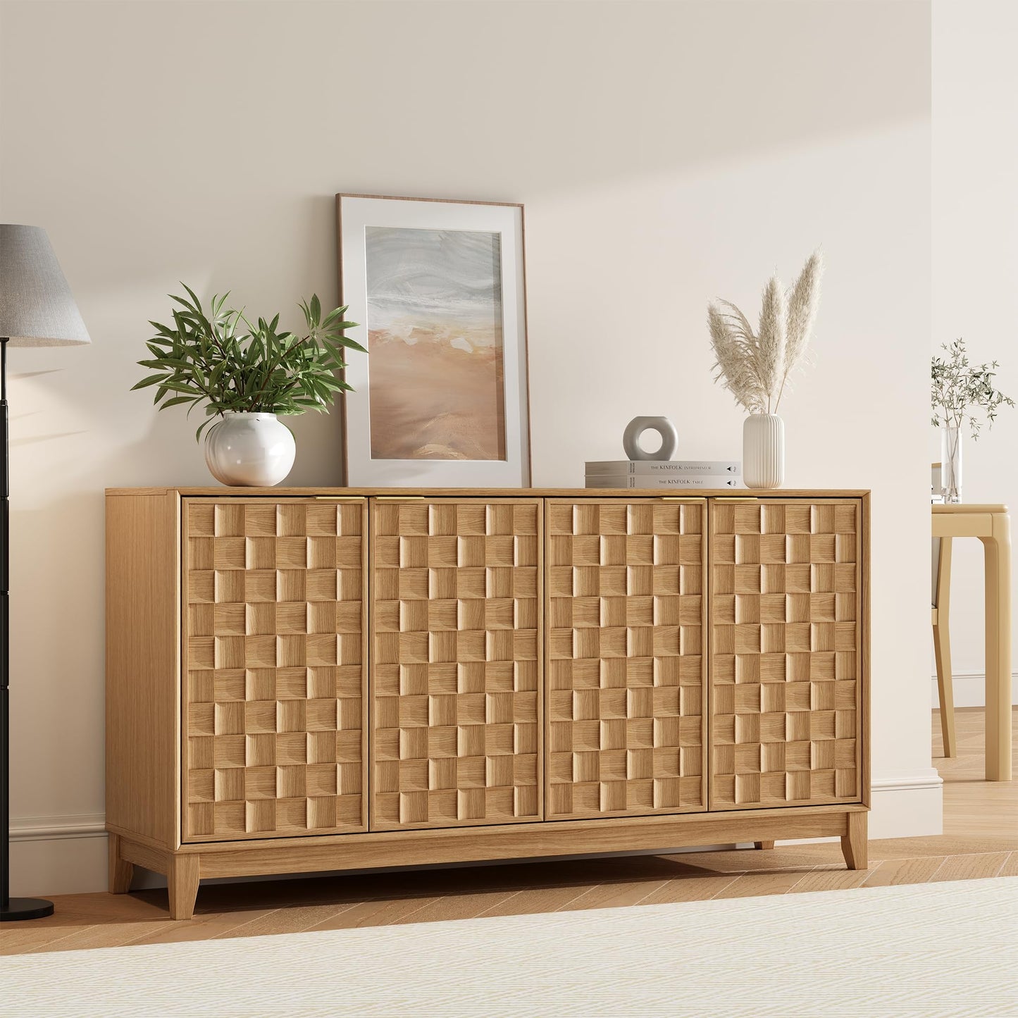 COLAMY Sideboard Cabinet, Wooden Sideboard Cabinet with 4 Doors, Textured Design, Adjustable Shelves, Soft Close Hinges