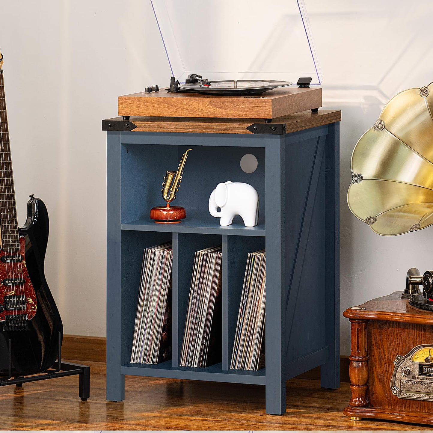 LELELINKY Record Player Stand with Vinyl Record Storage,Blue
