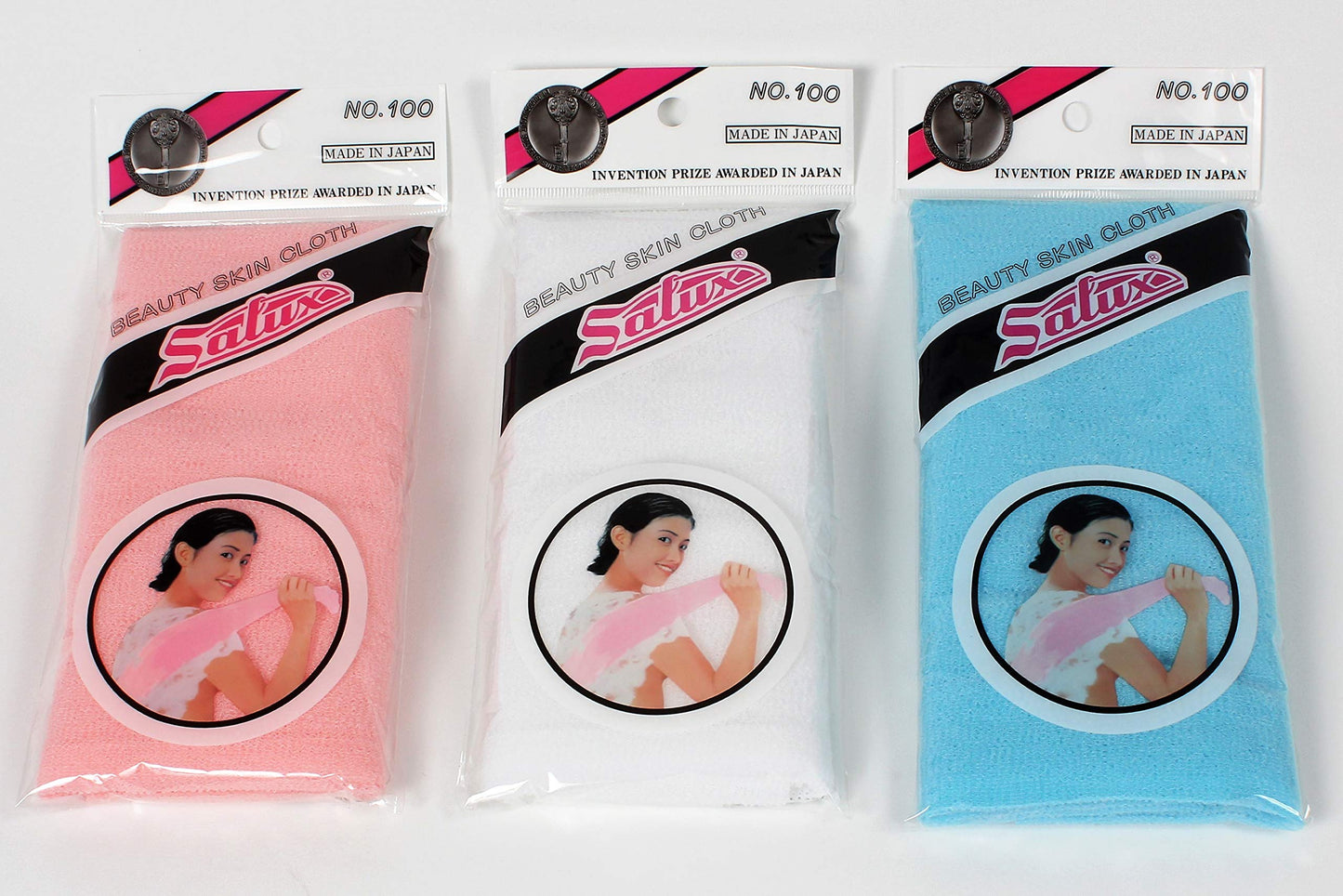 Salux Nylon Japanese Beauty Skin Bath Wash Cloth/towel 3 pcs mix PEACH WHITE BLUE
