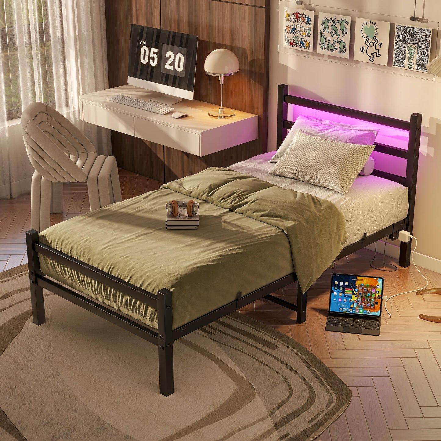 BORPHOM 3ft Single Bed Frame with Headboard & LED Lights,Heavy Duty Metal Platform Bed Frame with Charging Station,Mattress Base/Strong Steel Slats