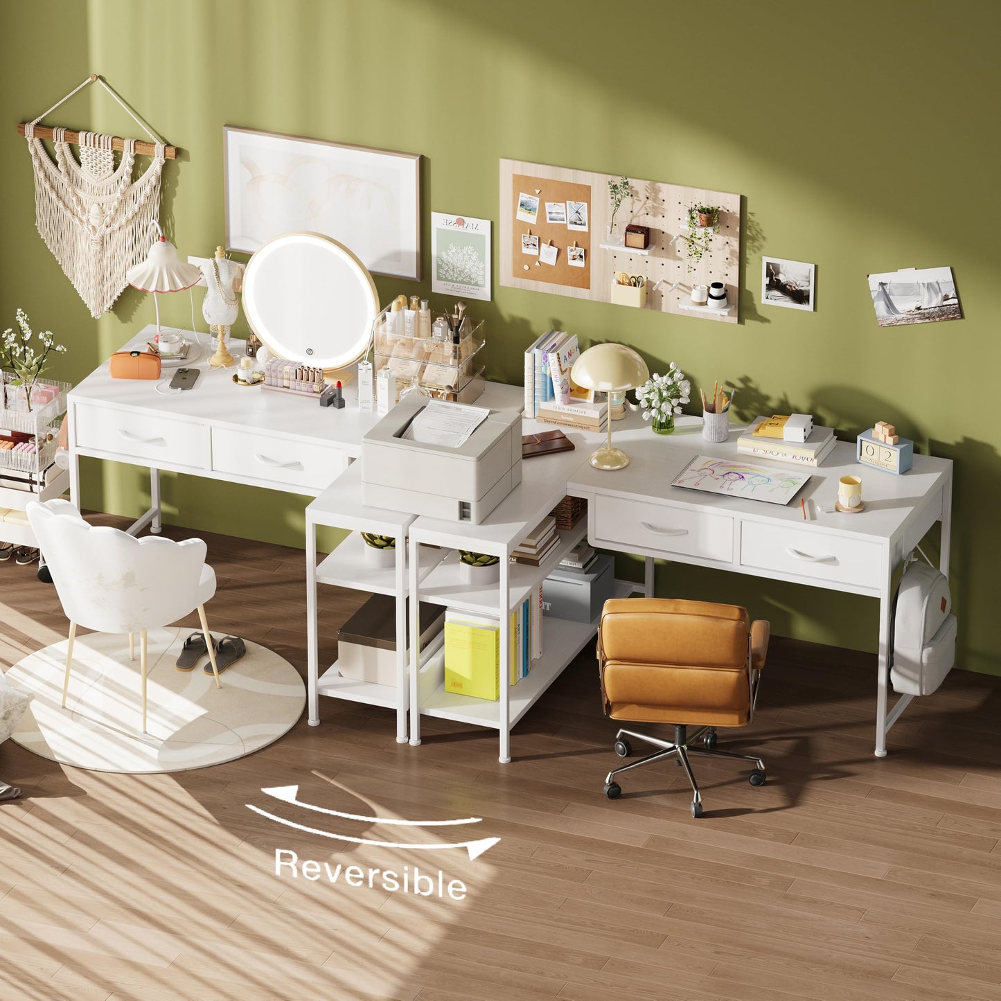 CAIYUN L Shaped Computer Desk with 2 Drawers, 100CM Office Corner Desk with 2 Storage Shelves, Working Table Study Table for Home Office Desk, White