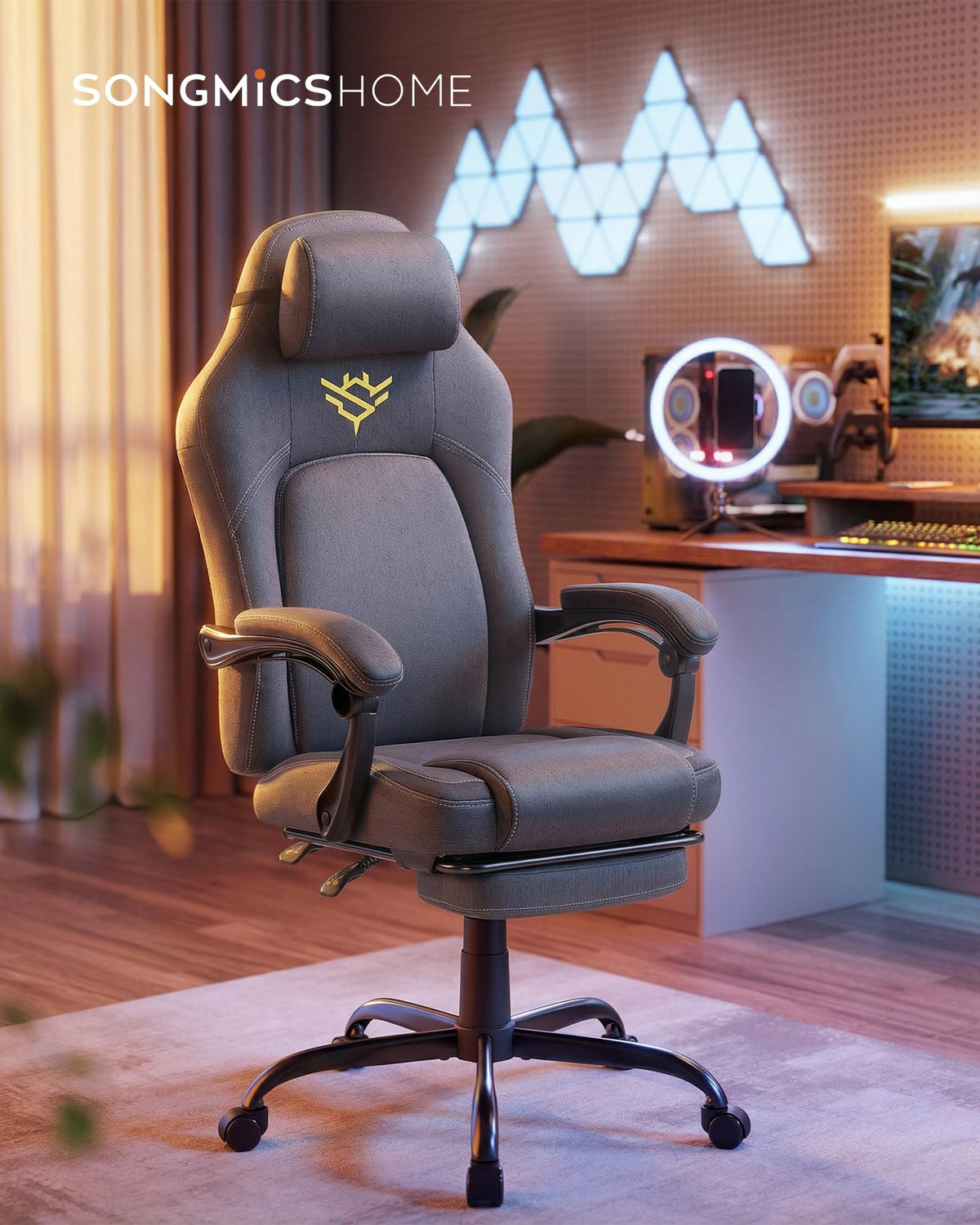 SONGMICS HOME Gaming Chair, Ergonomic Computer Chair with Footrest, Video Game Chair with Headrest, Cotton-Linen Fabric, Adjustable Height