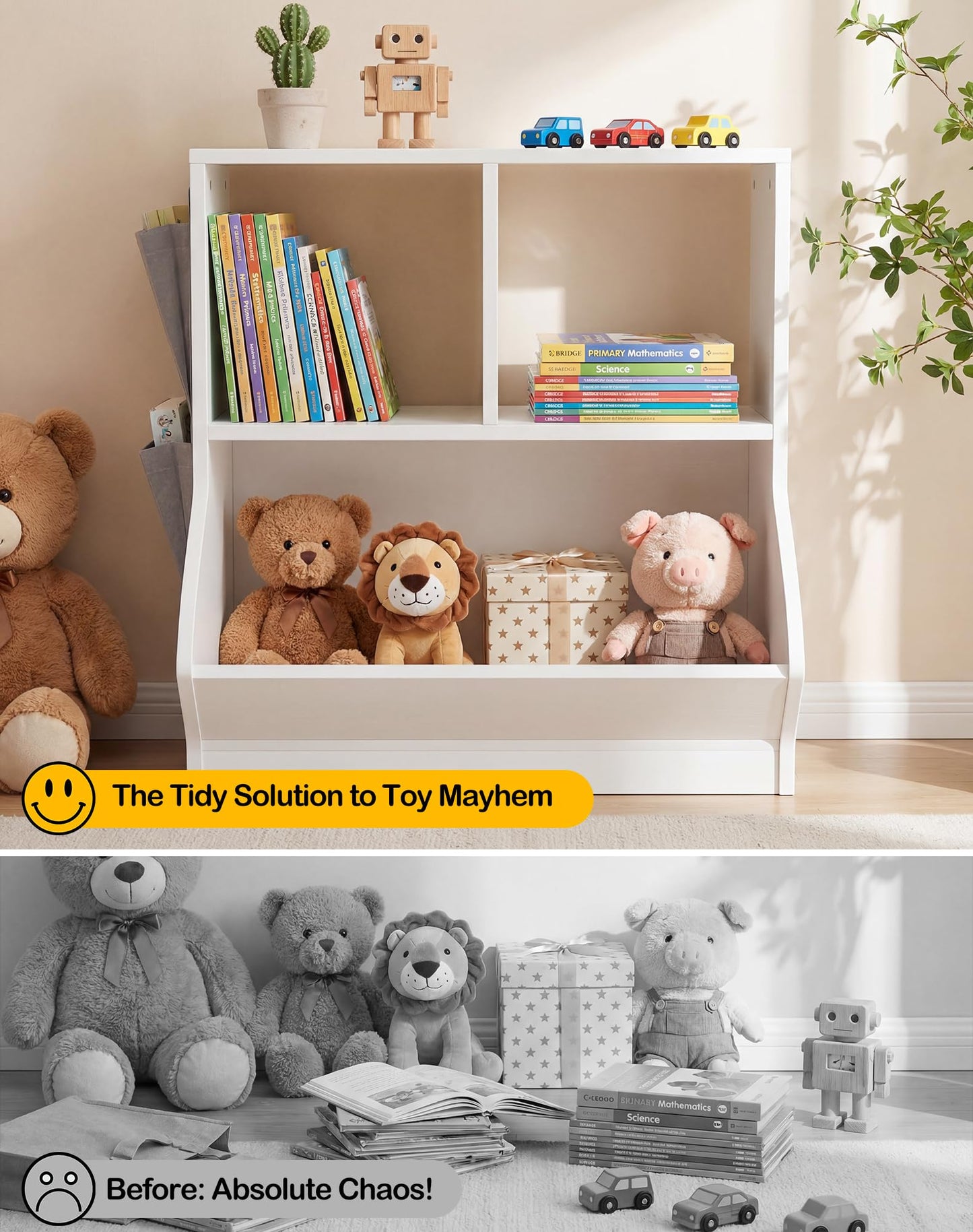 iSunirm Kids Bookshelf with Toy Storage, White Wooden Children's Bookcase and Toy Organiser for Kids Room, Nursery and Playroom