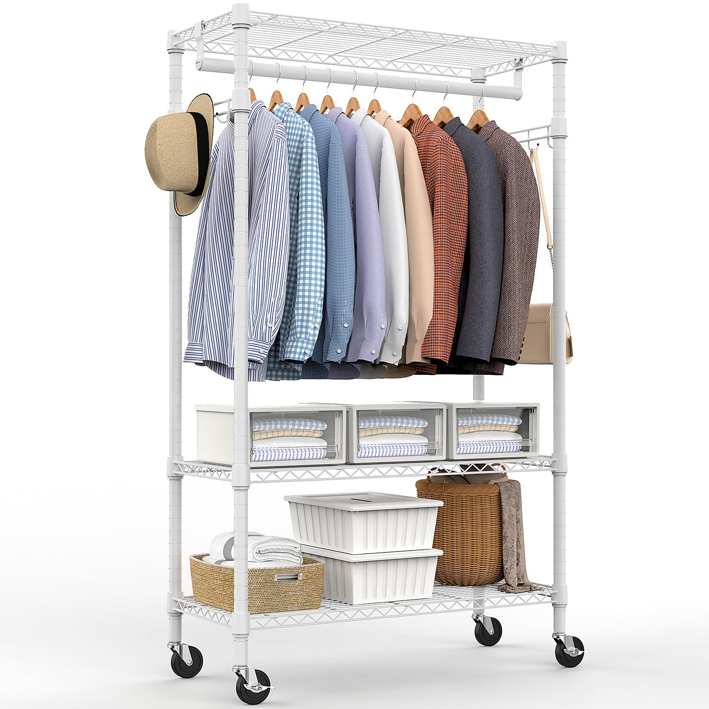 M MZG Heavy Duty Rolling Garment Rack 3 Tiers Adjustable Wire Shelving Clothes Rack with Rods and Side Hooks,Storage Closet Clothing Rack with Wheels