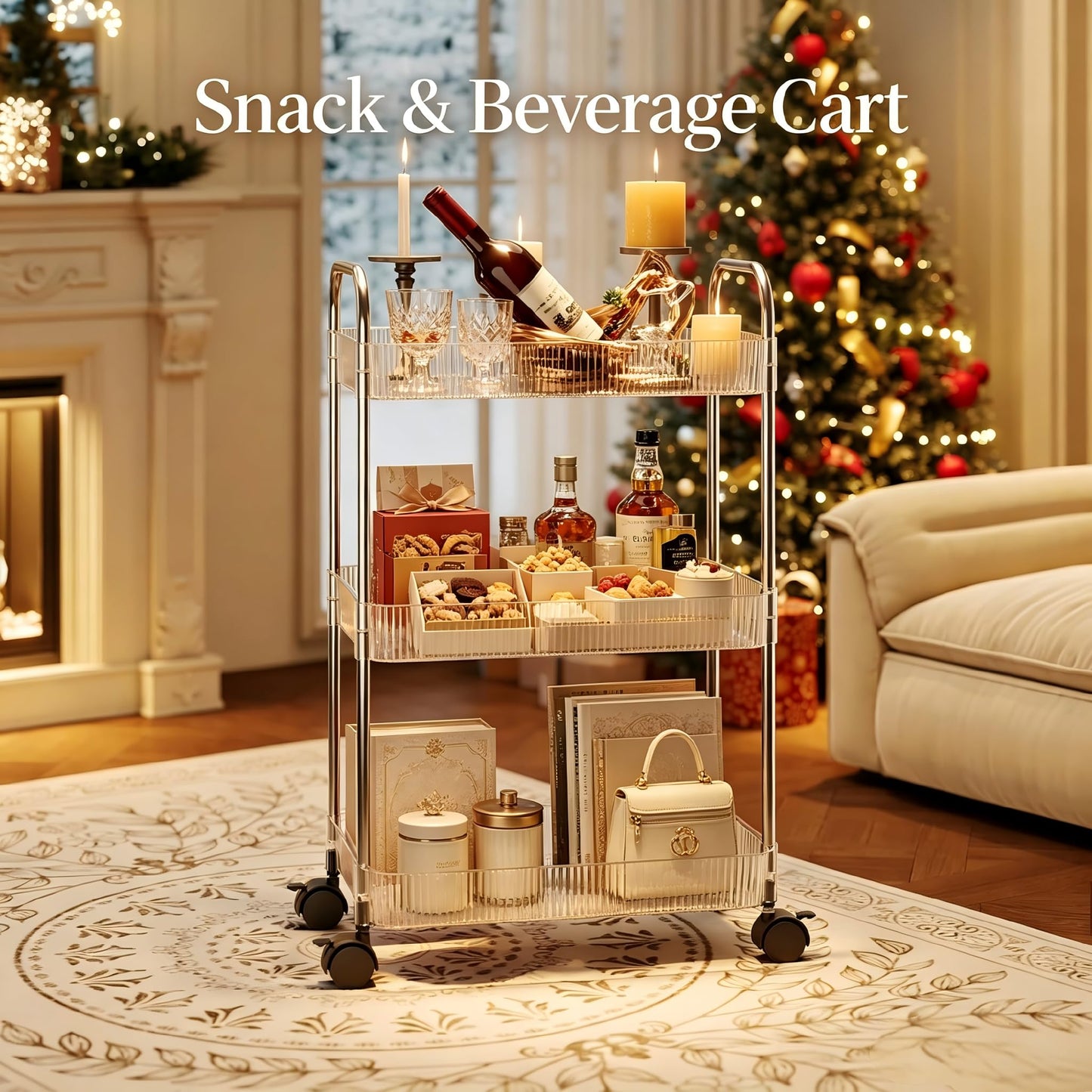 Guyi-Duck Clear Acrylic Storage Cart with Wheels, Transparent Rolling Organiser Trolley for Kitchen, Bathroom, Office and Home Corner