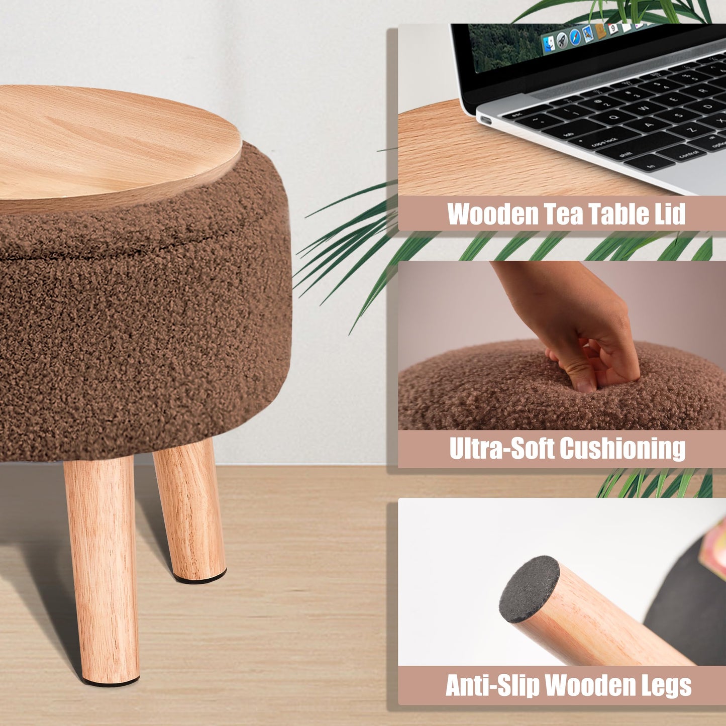 BRIAN & DANY Footstool with Storage, Small Storage Ottoman, Teddy Fleece Round Stool with Lid, Sherpa Foot Stool with Legs for Living Room Entryway