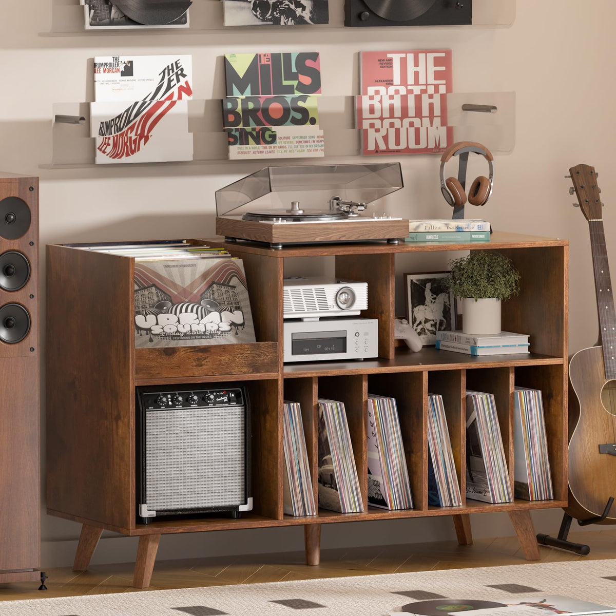 LELELINKY Large Record Player Stand, Turntable Stand with Storage, Vinyl Holder with Display Area, Record Player Table Holds Up to 450 Albums