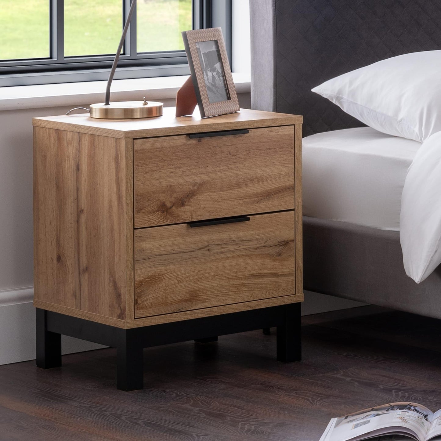 Julian Bowen Bali Bedside Table, 2 Drawer, Oak Effect - H57.5 x W45 x D40cm