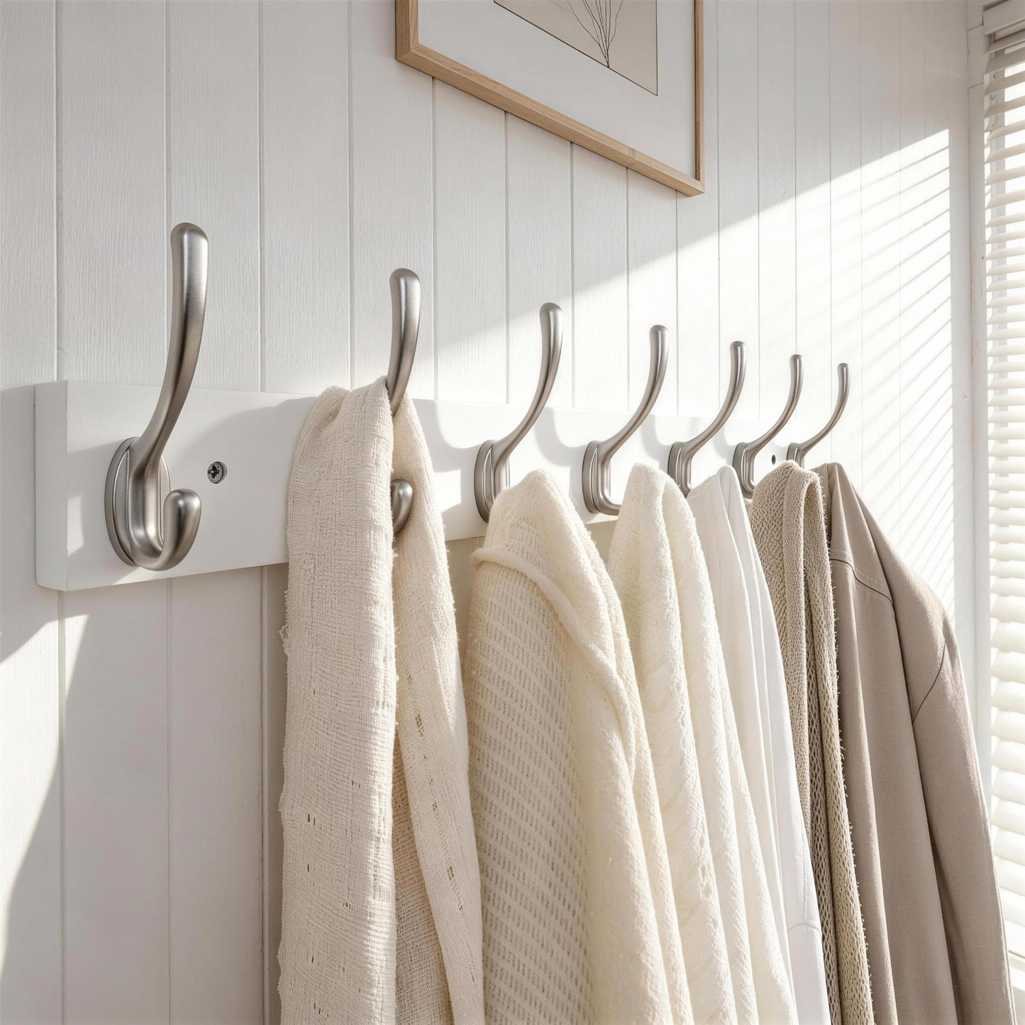 HONSKY Wall Coat Rack - 7 Double Hooks (50cm) | Wooden & Metal Towel/Coat Hanger for Entryway, Bathroom, Bedroom, Garage | Easy Install