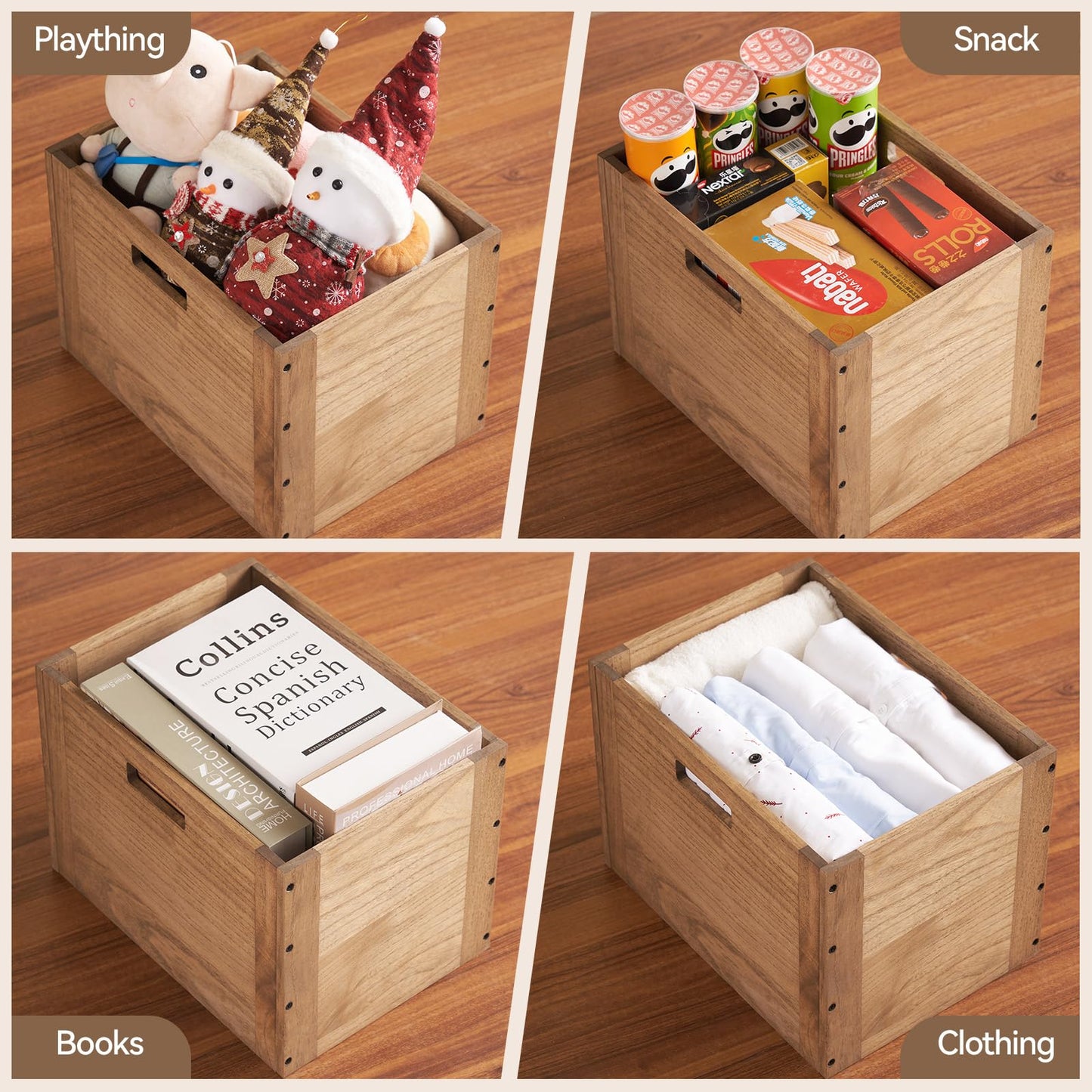 KIRIGEN Stackable Wooden Storage Cube with Handles, Brown